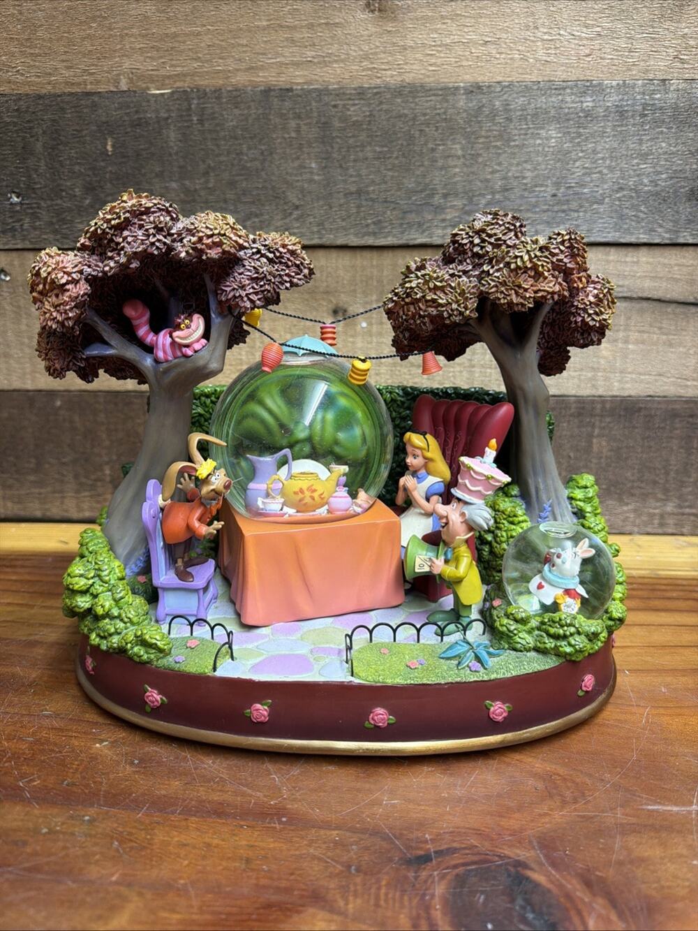Rare Disney Alice In Wonderland Tea Party Musical Snow Globe Brown Trees